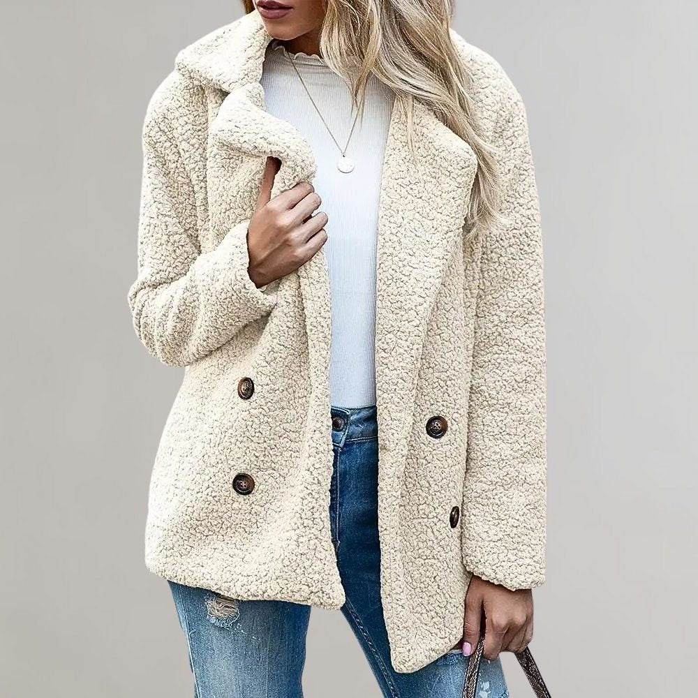 Women's white relaxed double-breasted teddy blazer jacket, front view