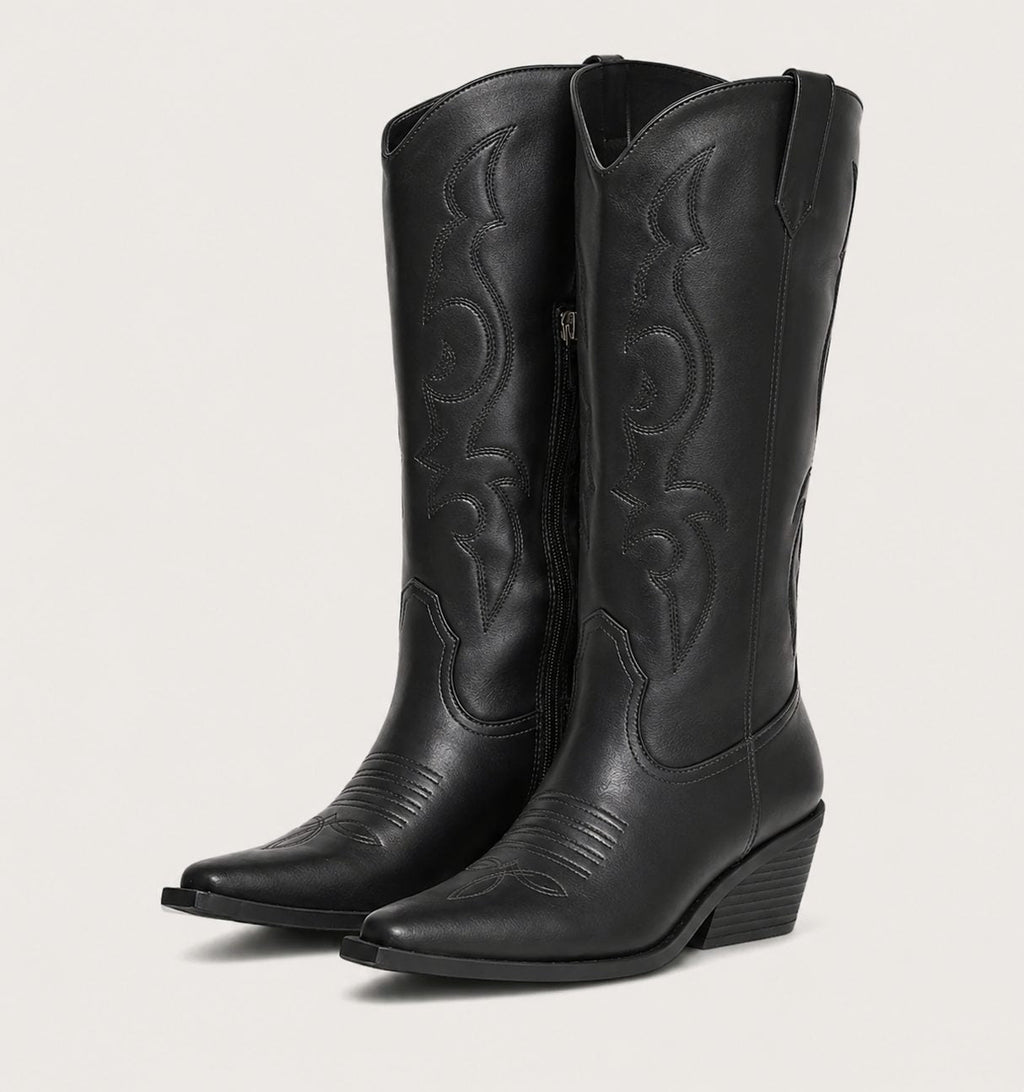 Women's black embroidered western knee-high boots