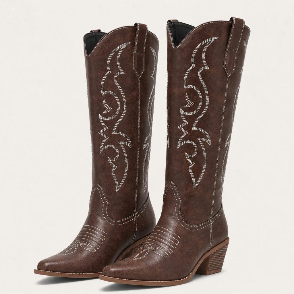 Women's brown embroidered western knee-high boots