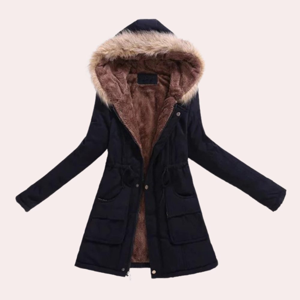 Women's faux-fur-trim hooded fleece-lined parka in black