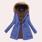 Women's faux-fur-trim hooded fleece-lined parka in blue
