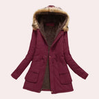Women's faux-fur-trim hooded fleece-lined parka in burgundy