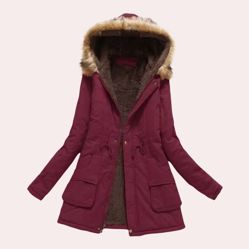 Women's faux-fur-trim hooded fleece-lined parka in burgundy