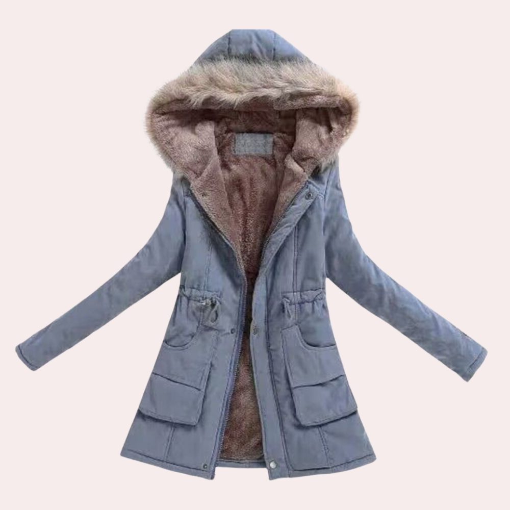 Women's faux-fur-trim hooded fleece-lined parka in light blue