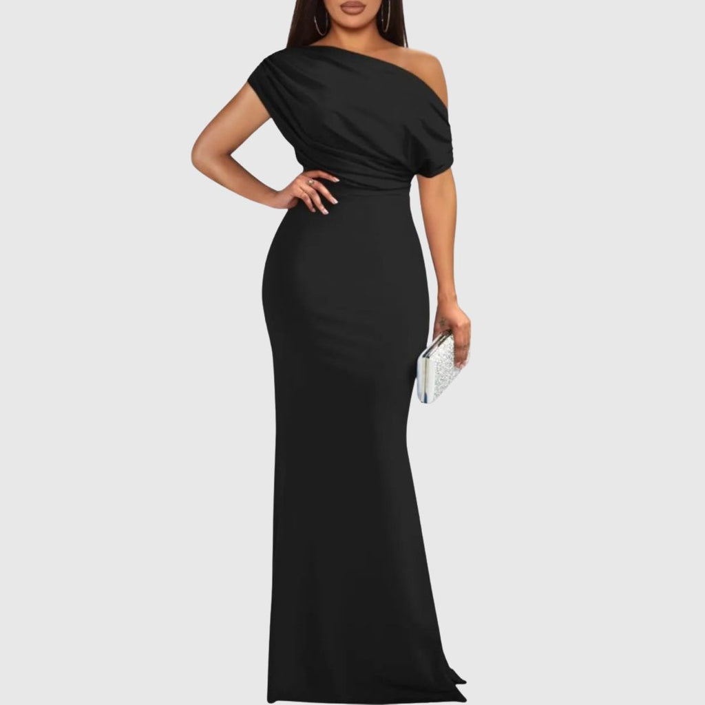 Women's draped one-shoulder maxi gown in black