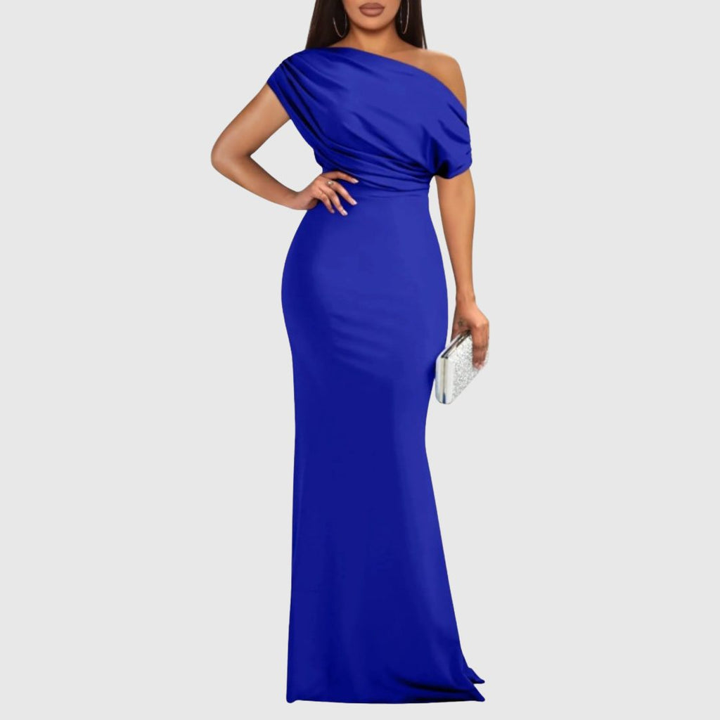 Women's draped one-shoulder maxi gown in blue
