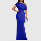 Women's draped one-shoulder maxi gown in blue