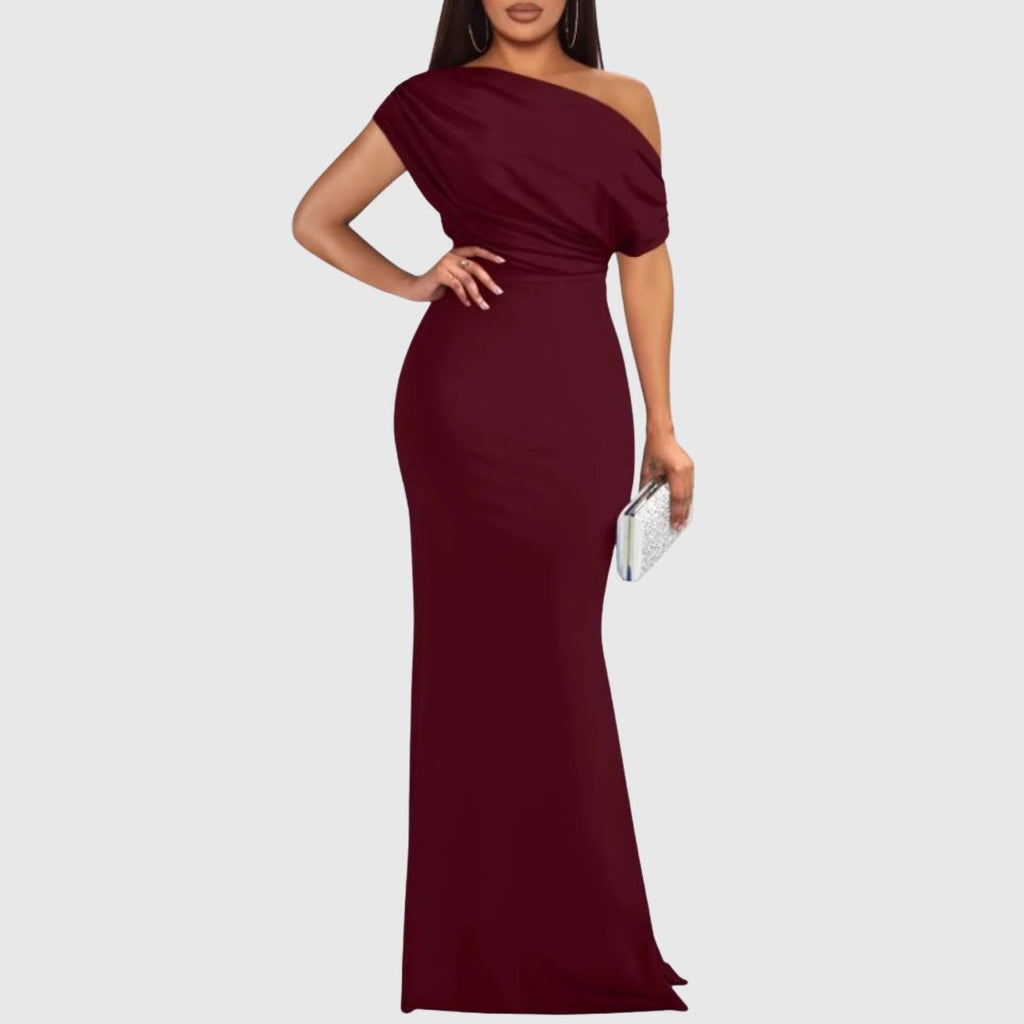 Women's draped one-shoulder maxi gown in claret