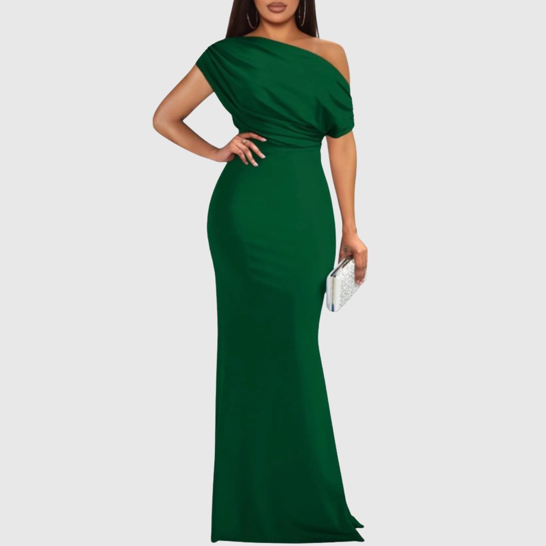 Women's draped one-shoulder maxi gown in green