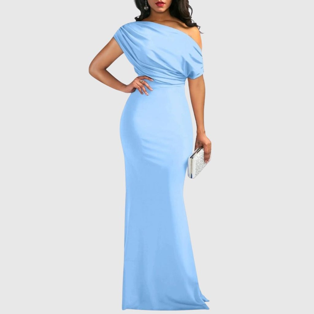 Women's draped one-shoulder maxi gown in light blue