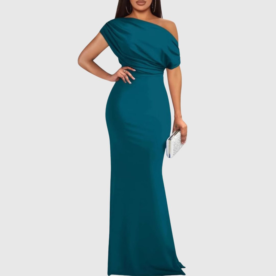 Women's draped one-shoulder maxi gown in malachite green