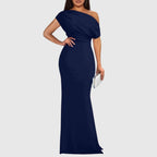 Women's draped one-shoulder maxi gown in navy