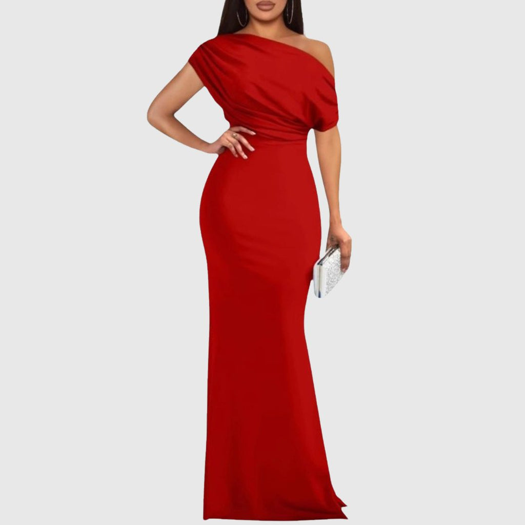 Women's draped one-shoulder maxi gown in red