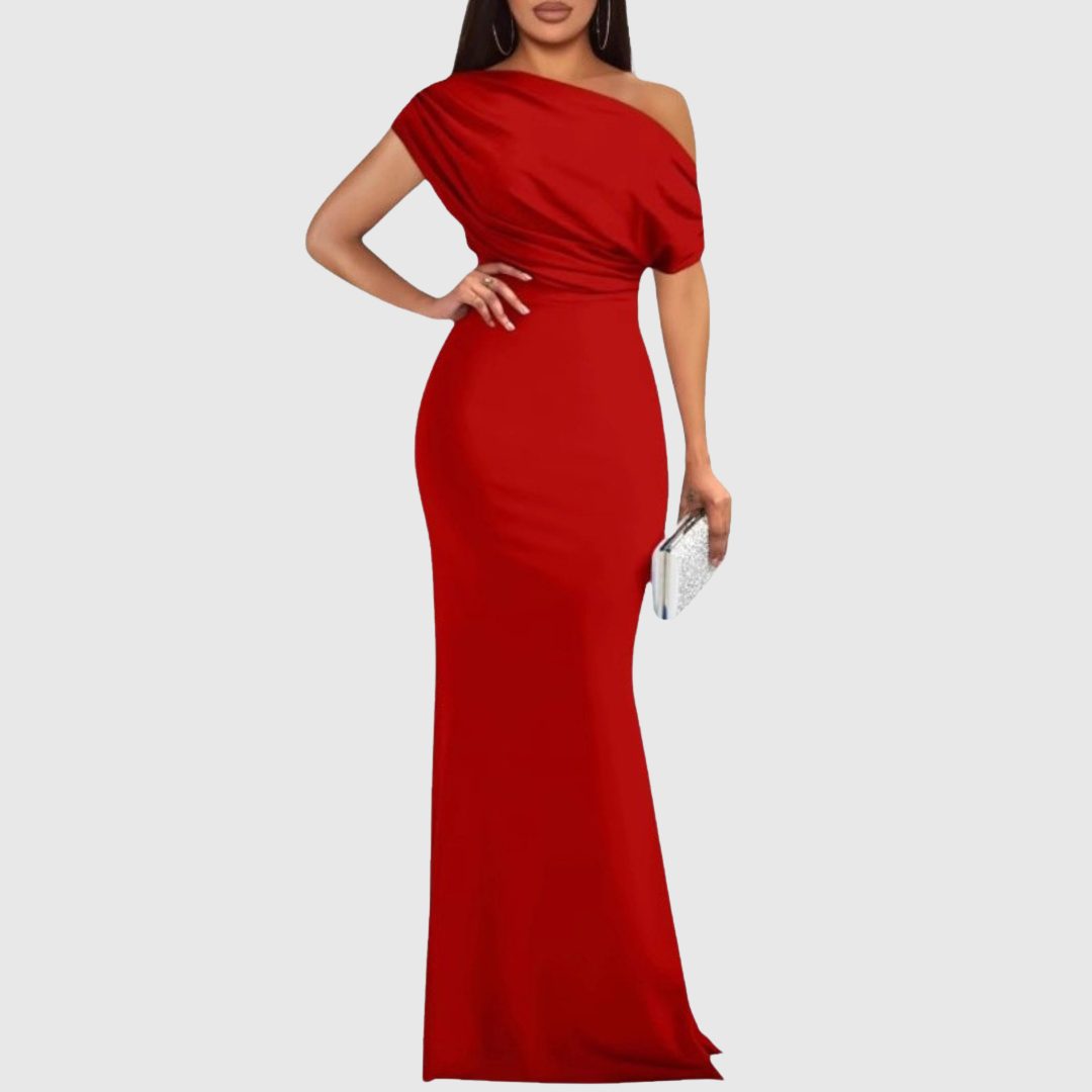 Women's draped one-shoulder maxi gown in red