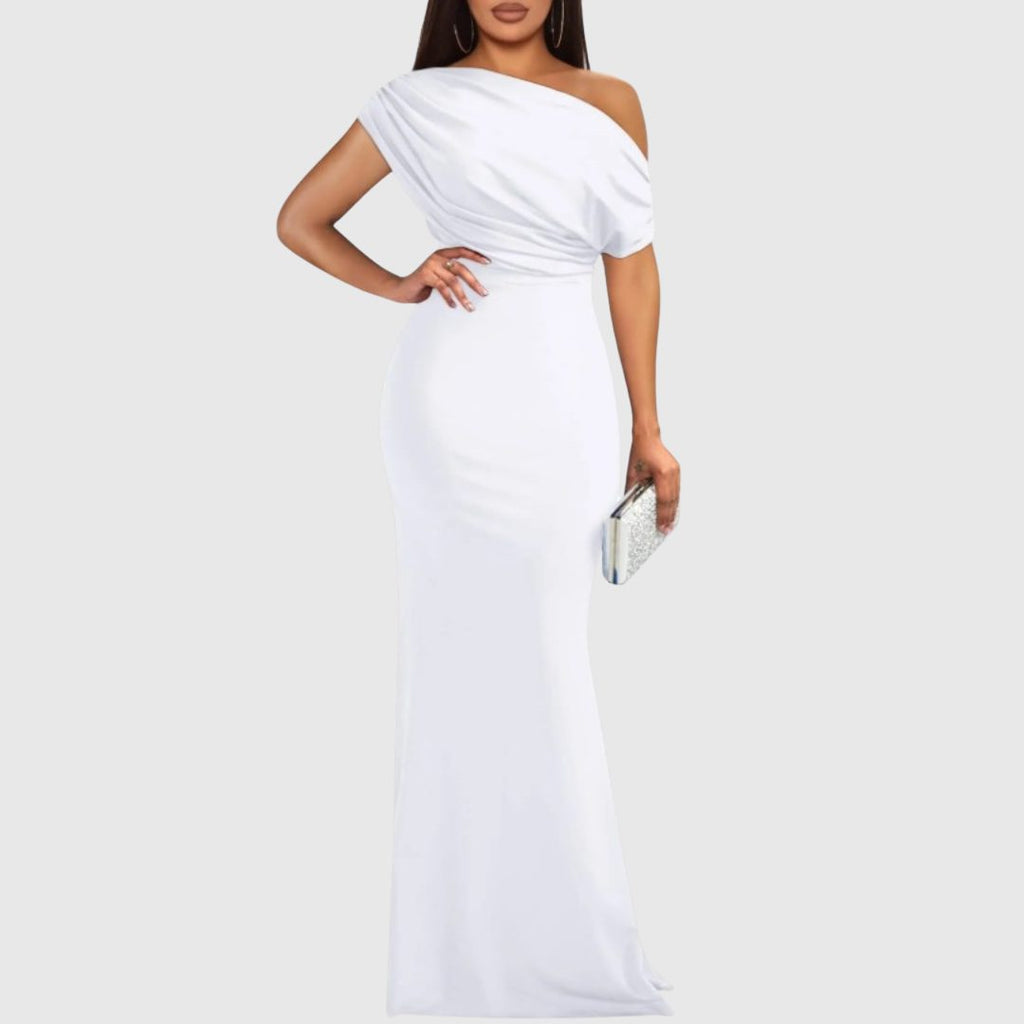 Women's draped one-shoulder maxi gown in white