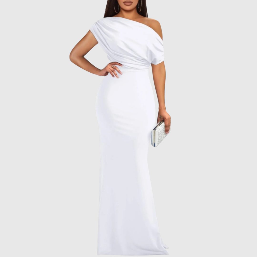 Women's draped one-shoulder maxi gown in white