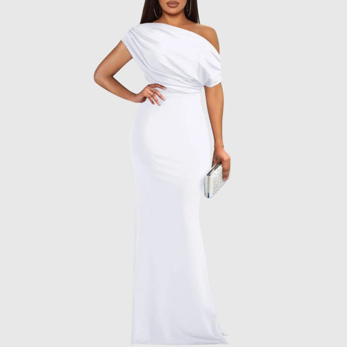 Women's draped one-shoulder maxi gown in white
