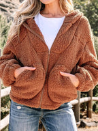 Women's brown oversized hooded teddy zip-up jacket, front view