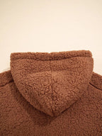 Back close-up of attached hood on women's brown teddy jacket