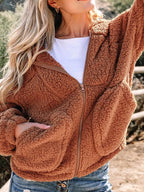 Women's brown oversized hooded teddy zip-up jacket with front pockets