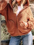 Women's brown hooded teddy jacket shown open at the front