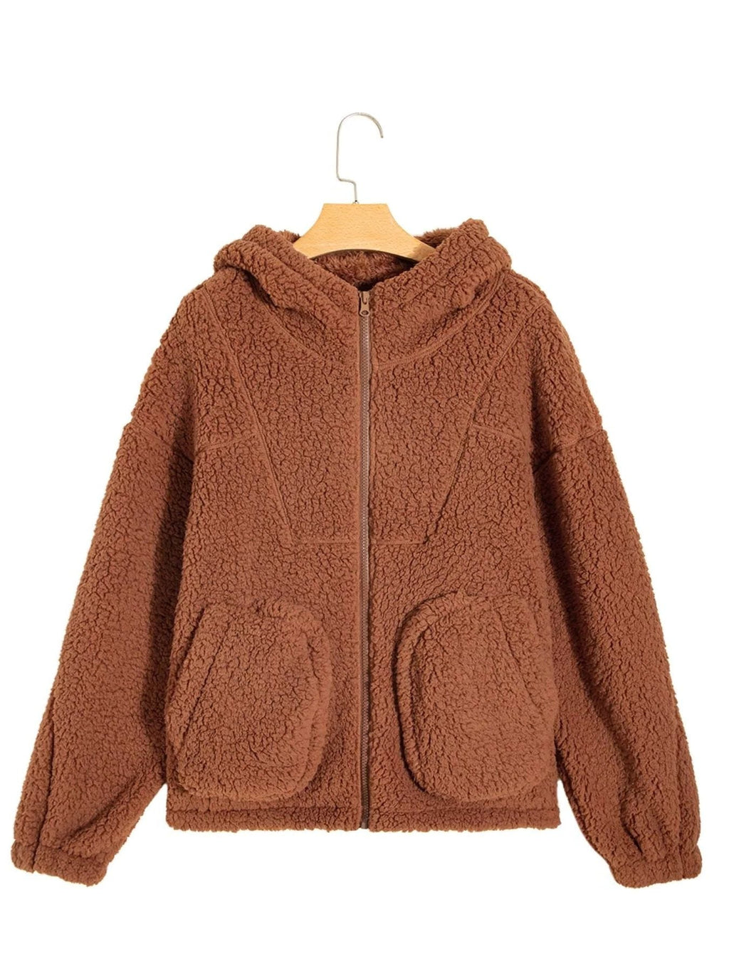 Women's brown hooded teddy zip-up jacket on a hanger