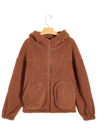 Women's brown hooded teddy zip-up jacket on a hanger