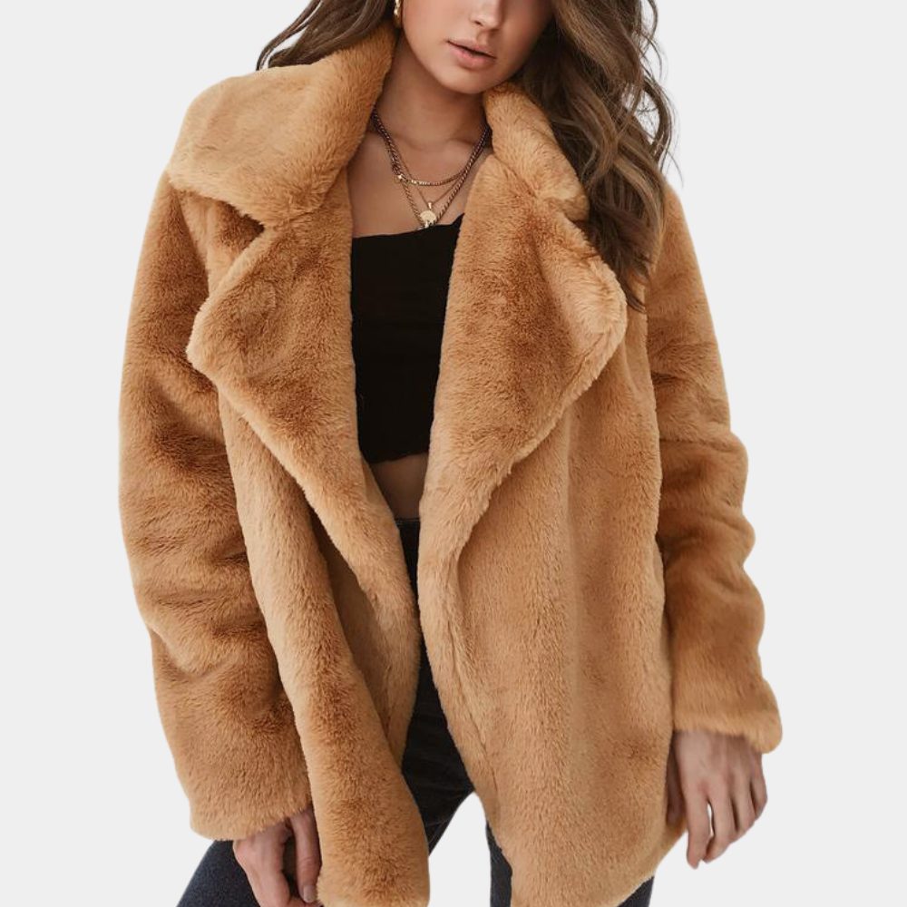 Women's oversized plush lapel coat in brown