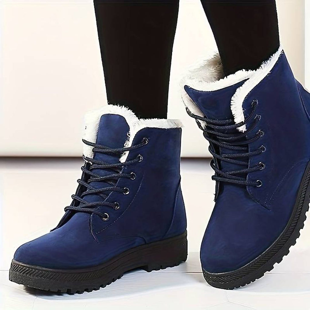 Women's plush-lined lace-up ankle boots in blue