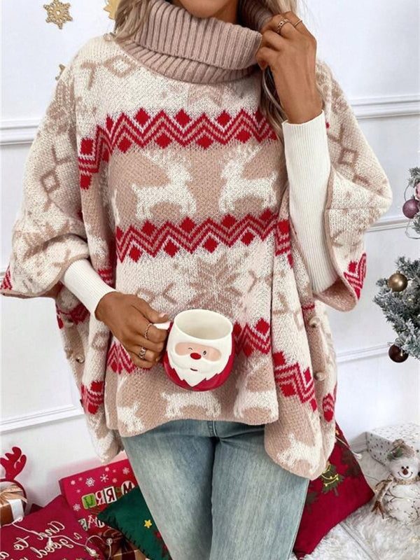 Women's holiday poncho sweater with turtleneck