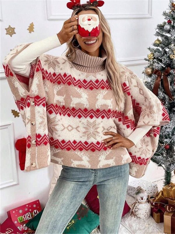 Women's reindeer patterned turtleneck poncho sweater