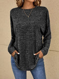 Women's relaxed ribbed-knit long-sleeve sweater in black