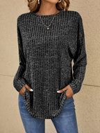 Women's relaxed ribbed-knit long-sleeve sweater in black