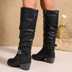 Women's black slouchy knee-high boots side and back view