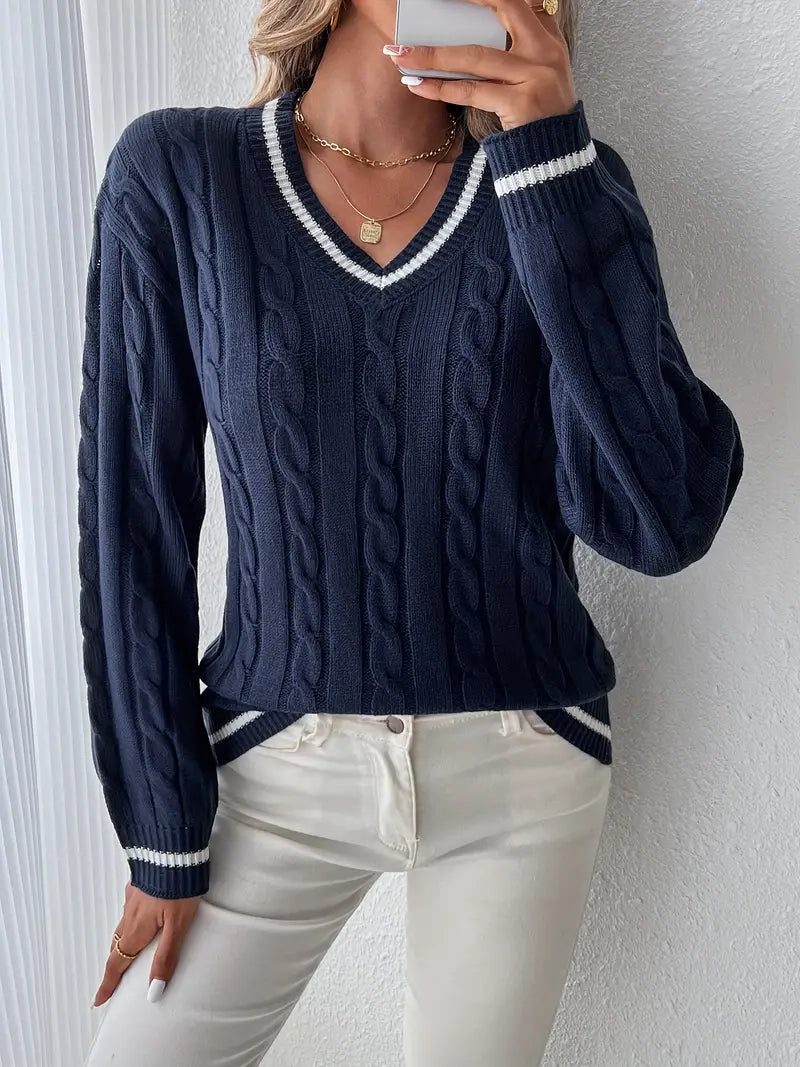 Women's navy V-neck cable knit sweater front view