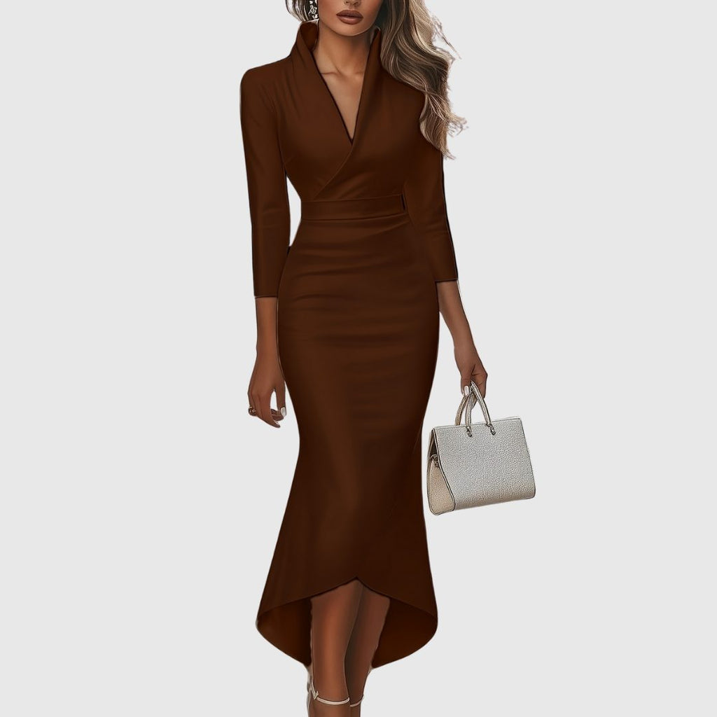 Women's V-neck high-low evening dress brown front