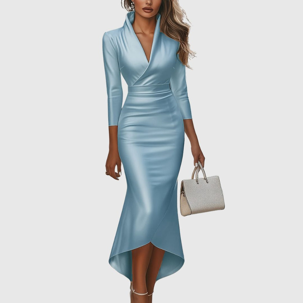 Women's V-neck high-low evening dress detail view