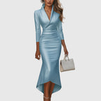 Women's V-neck high-low evening dress detail view