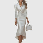 Women's V-neck high-low evening dress white