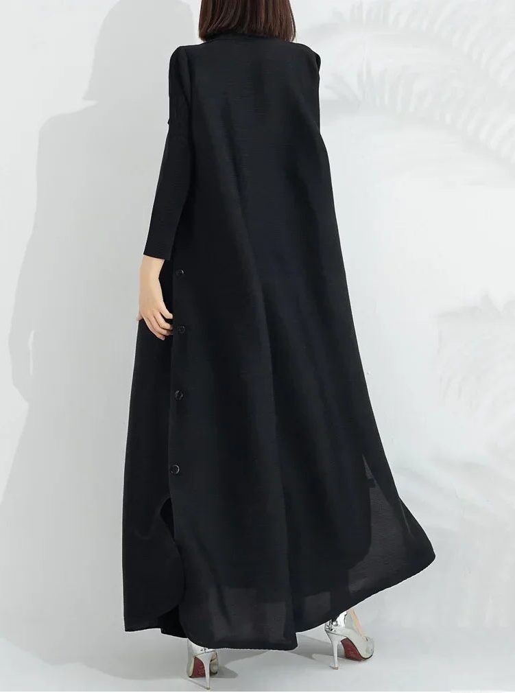 Women's black long-sleeve wrap maxi coat dress, back view