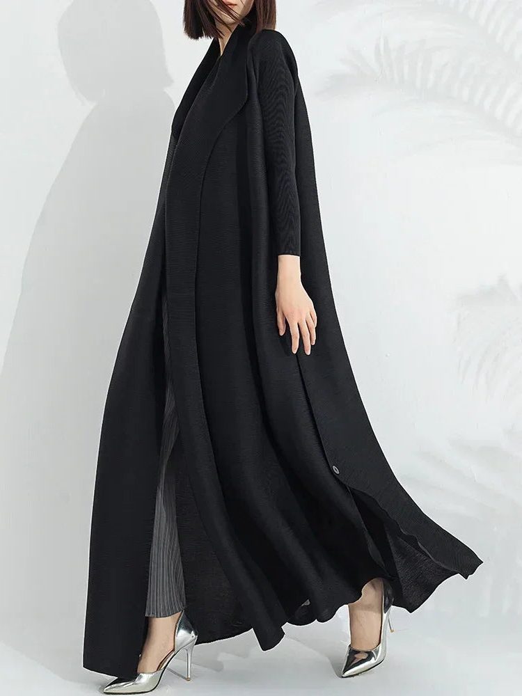 Women's black long-sleeve wrap maxi coat dress, side view