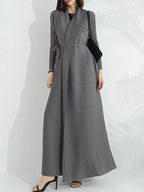 Women's taupe long-sleeve wrap maxi coat dress with tie belt, front view