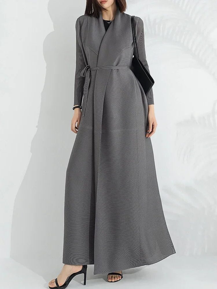 Women's taupe long-sleeve wrap maxi coat dress with tie belt, front view