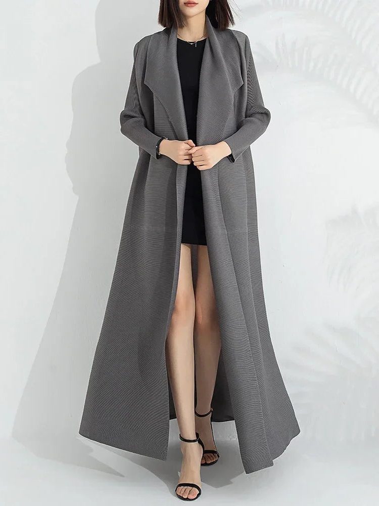 Women's taupe long-sleeve wrap maxi coat dress worn open