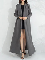 Women's taupe long-sleeve wrap maxi coat dress worn open