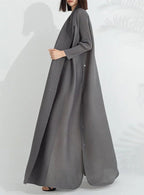 Women's taupe long-sleeve wrap maxi coat dress, side view