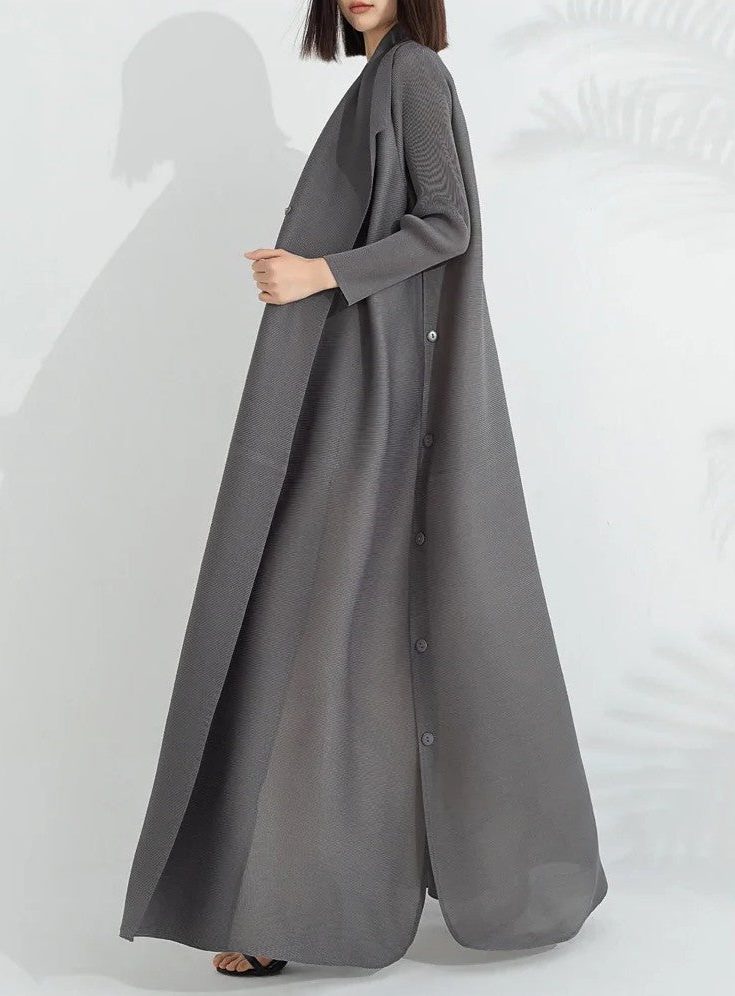 Women's taupe long-sleeve wrap maxi coat dress, side view